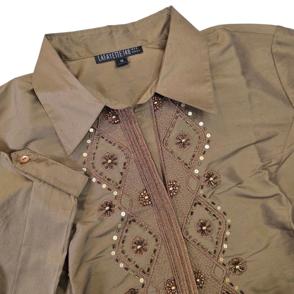 Lafayette 148 Womens 16 Blouse Bronze Gold Beaded Dupioni Silk Short Sleeve